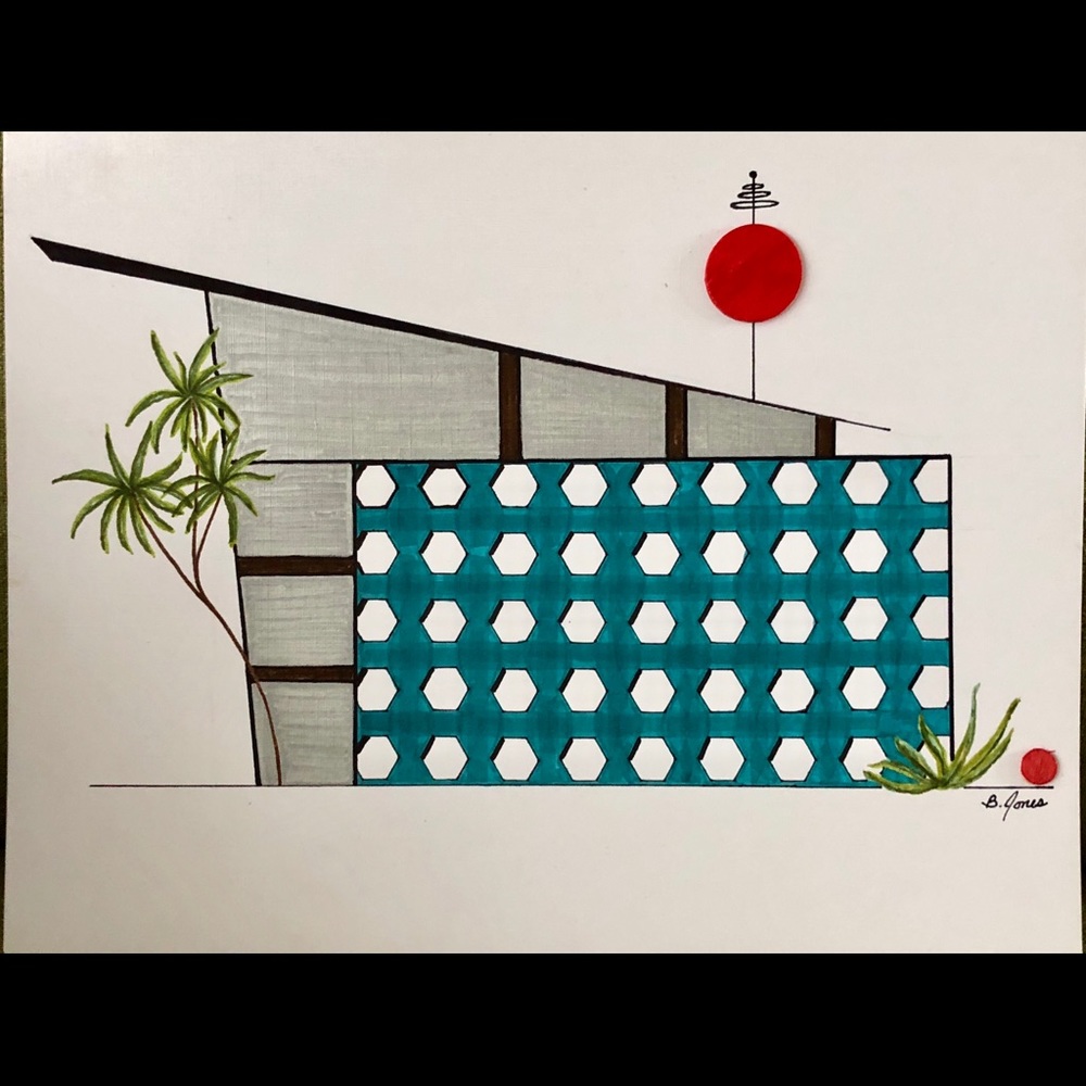 1 ok a kind Mid Mod inspired art with wood accent